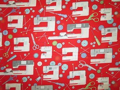 SEWING MACHINES BUTTONS THREAD SCISSORS SEWING ITEMS RED COTTON FABRIC BTHY
