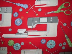 SEWING MACHINES BUTTONS THREAD SCISSORS SEWING ITEMS RED COTTON FABRIC BTHY