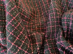 BEUTIFUL FRENCH 100% SILK WOOL BLACK AND RED CHECKERED SHIMMERING FABRIC