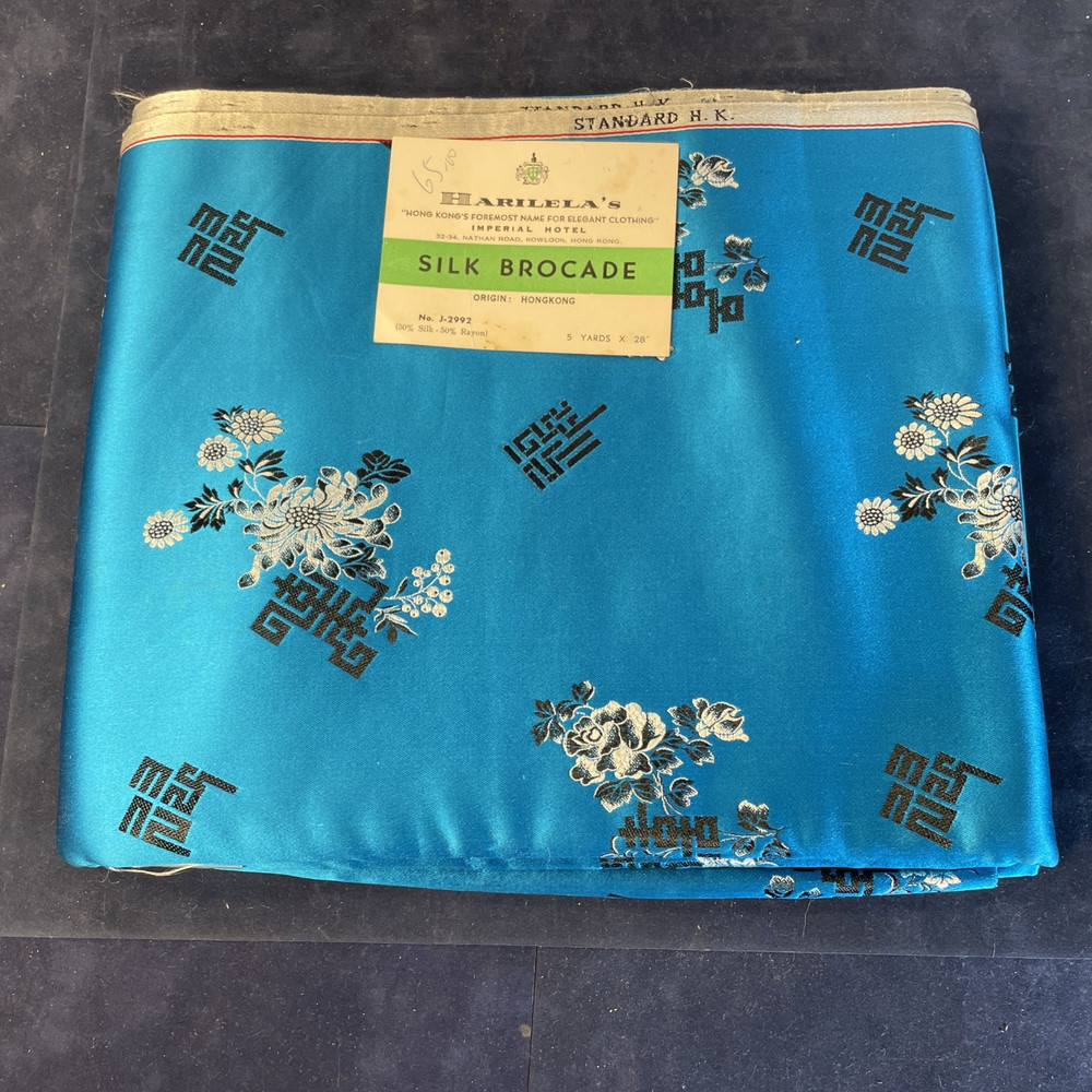 Vtg 1950s Harilela’s Hong Kong Silk Blend Brocade Fabric Turquoise Silver 5 Yard