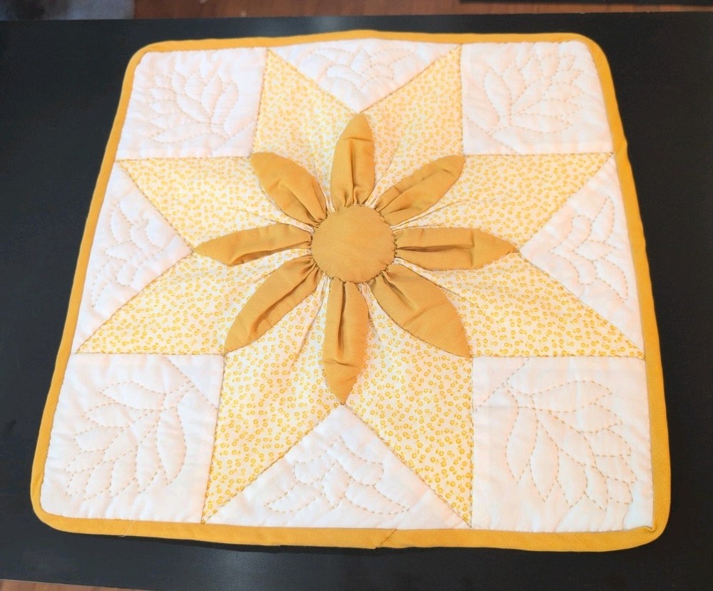 Handmade Golden Yellow Quilted Sunflower 14″ Wall Hanging / Pillow Cover -Amish