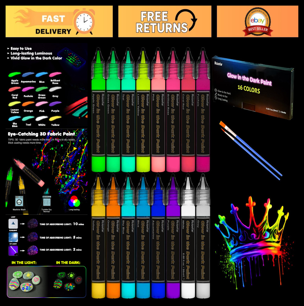 Glow in the Dark Paint Set – 16 Colors, 20ml Acrylic Fabric Paint for Crafts & A