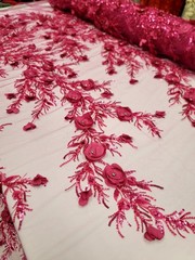 Flower 3D Lace Fuchsia Beaded Lace 3D Embroidered Fabric by Yard For Dress Prom