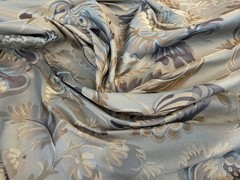 100% Silk Lampas French Pomegranate “whiskey” Blue Tan Gold Historical Design
