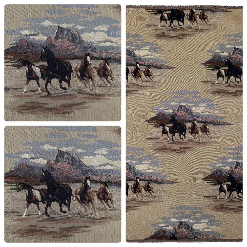 Vintage WILD HORSES RUNNING PRINT ON TAN 56.5”x36.5” Wall Hanging, Decorative