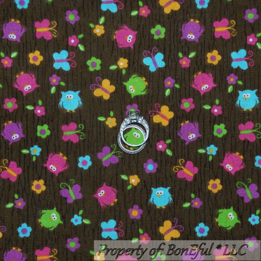 BonEful Fabric FQ Cotton Quilt VTG Brown Wood Tree Owl Flower Pink Purple Calico