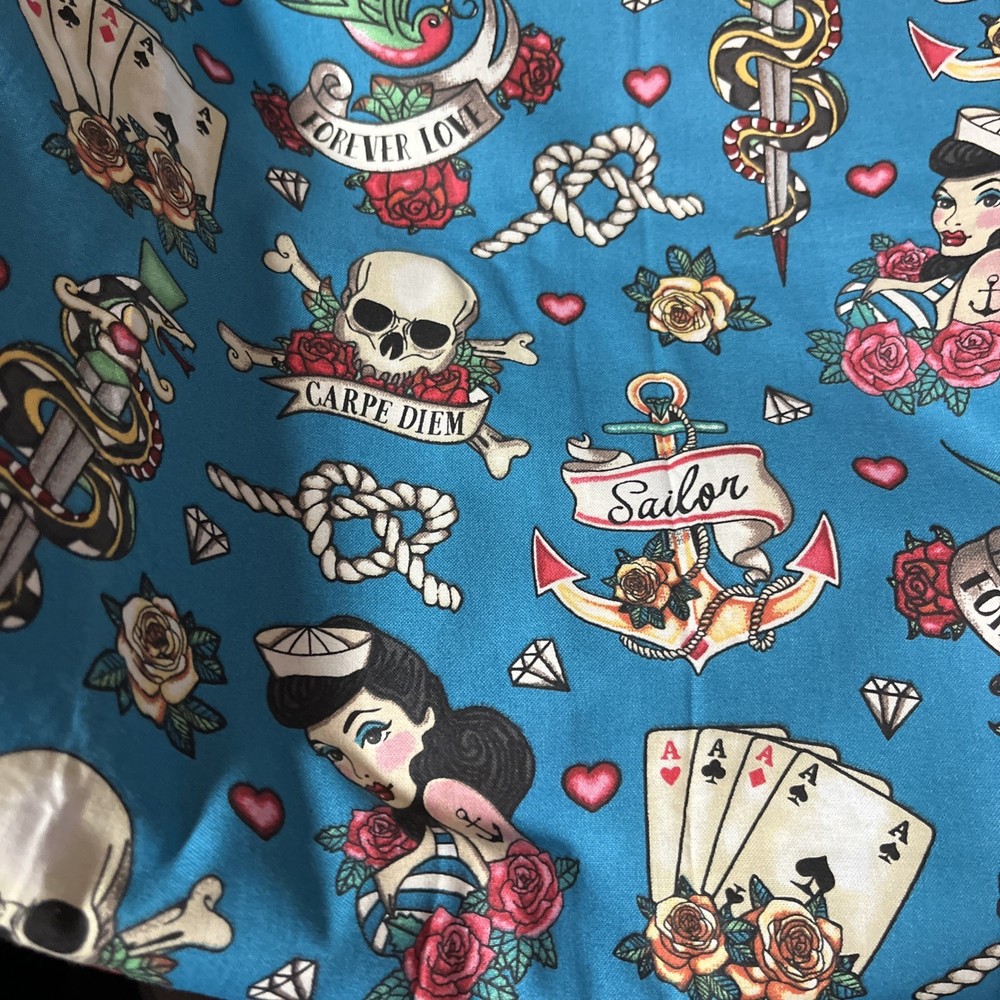 2019 Fabric Retro Sailor Tattoo Pin Ups Anchors Skulls Cotton Blue Multi 18×44″