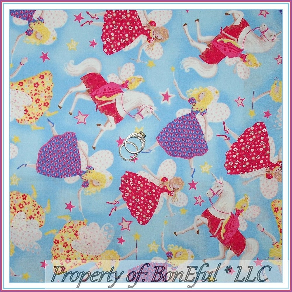 BonEful Fabric Cotton Quilt Unicorn Horse Fairy Star Pink Princess Girl MI SCRAP