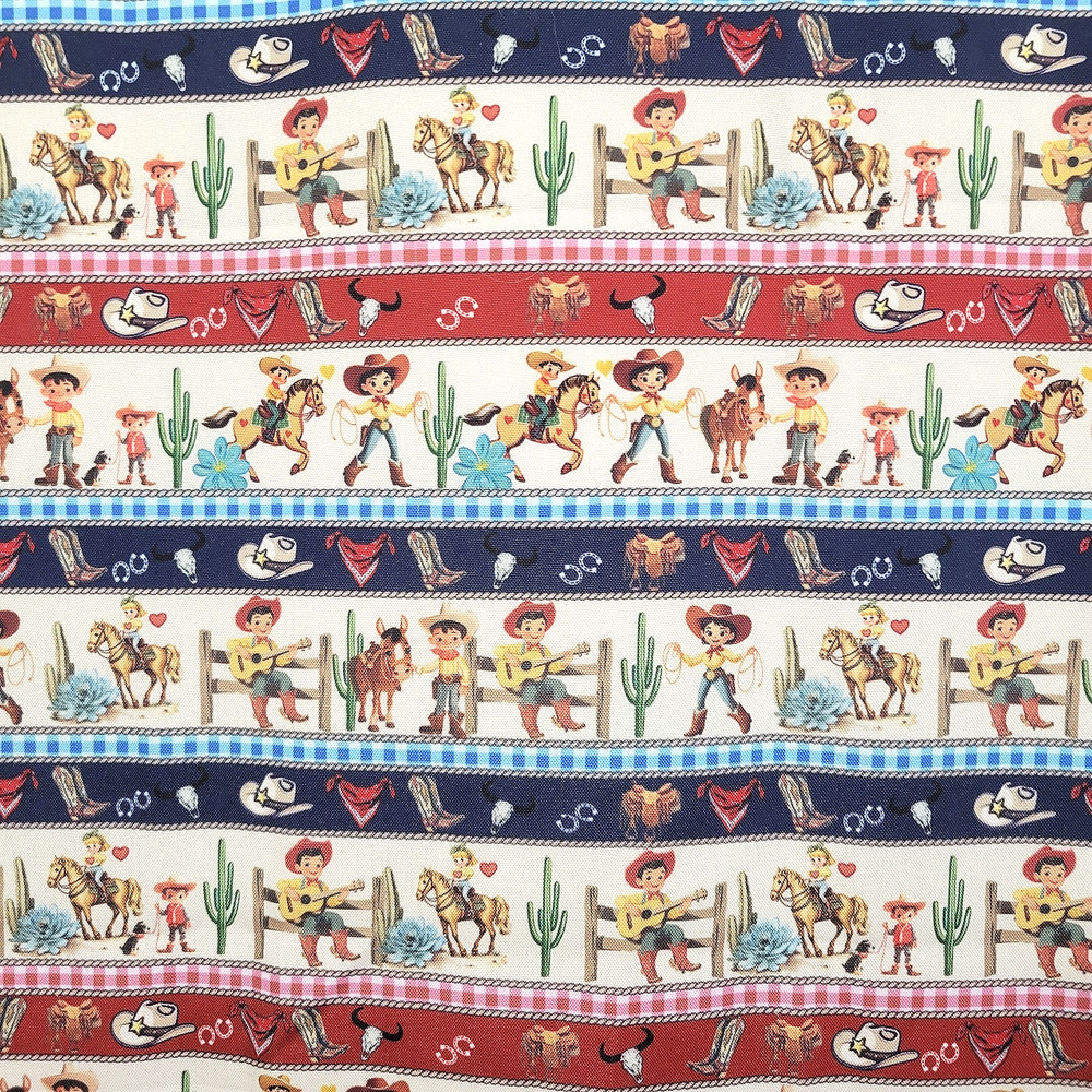 Child Western Theme Print Fabric Cowboy Cowgirls Horses Fence Boots More 108×61″