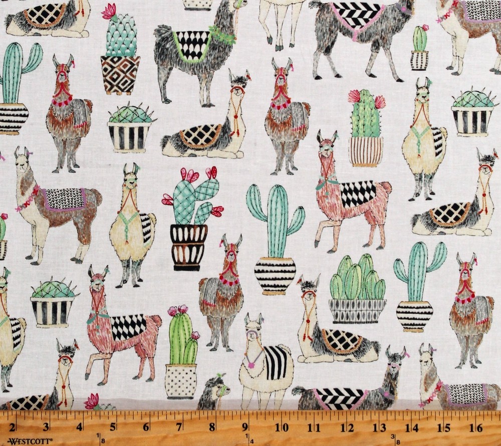 Cotton Lovely Llamas Cactus Desert Animals Fabric Print by the Yard D387.30
