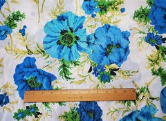 Vintage Large Blue Floral Poppy Lightweight Cotton Fabric 1+2/3 Yards