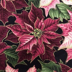 Pink Burgundy Poinsettia Flowers Gold Christmas Fabric Joan Messmore Cotton 2Yds