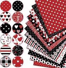12Pcs Red Black Love Heart Cotton Fabric Bundles 10 x 10 Inch Red Black Love