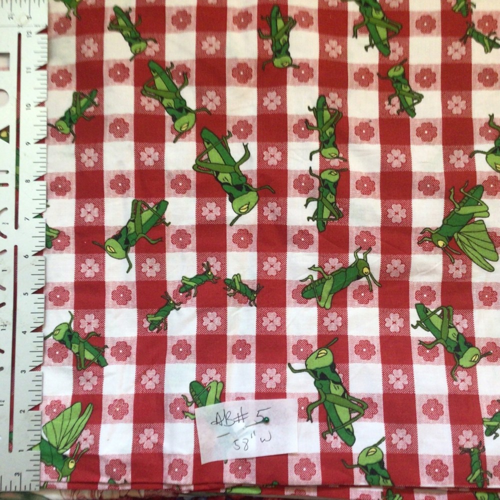 Bright Green Grasshoppers on Red White Checks Cotton Fabric By the Yard 58 wide