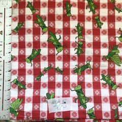 Bright Green Grasshoppers on Red White Checks Cotton Fabric By the Yard 58 wide