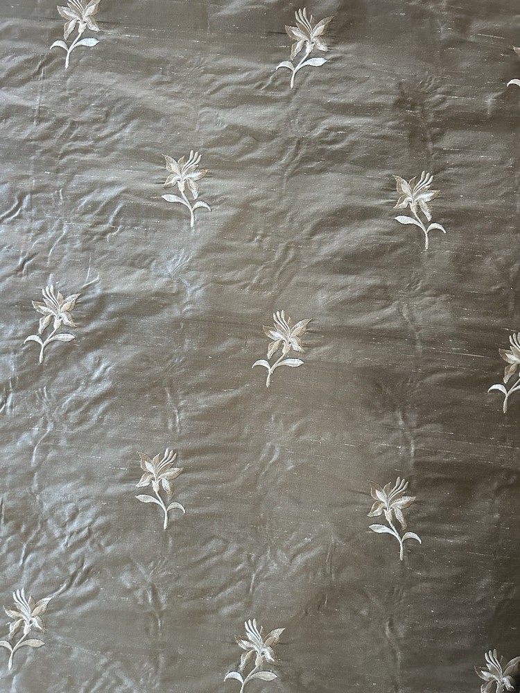 Floral Embroidered Dupioni Silk Fabric BTY Metallic Mocha W54”