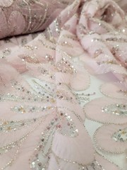 Floral 3D Lace Pink Embroidered Beaded Flowers Mesh Fabric Sold By The Yard Prom