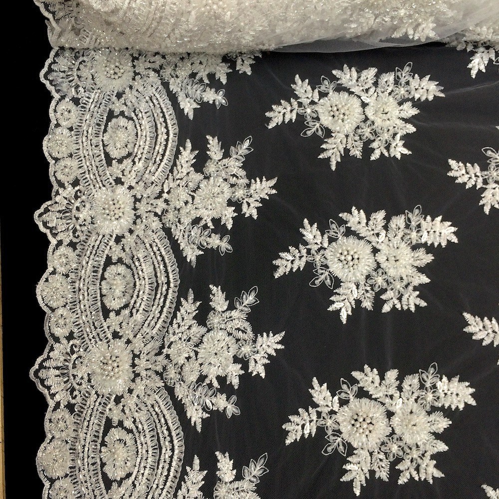 Off White Bridal Viburnum floral Lace Sequin Beaded Scallop Fabric Dress 52″ BTY