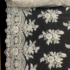 Off White Bridal Viburnum floral Lace Sequin Beaded Scallop Fabric Dress 52″ BTY