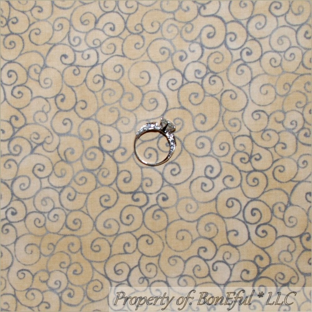 BonEful Fabric FQ Cotton Quilt VTG Brown Calico Natural Silver Gray Swirl Scroll