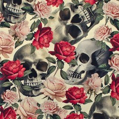 Patchwork Sewing Quilting Fabric Stof Sand Big Skulls and Roses Calavera 50×5…