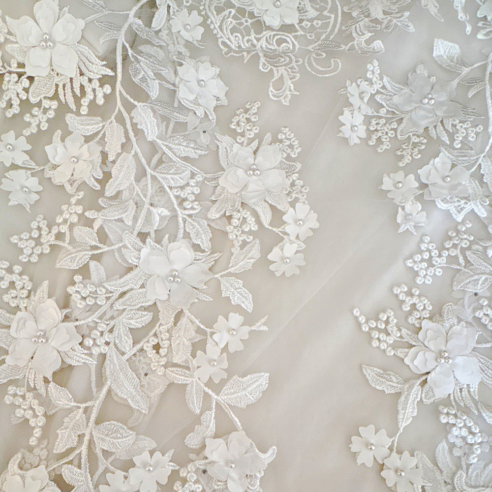 White Floral Lace Tulle Fabric 3D Beaded Embroidered, Wedding Suitable