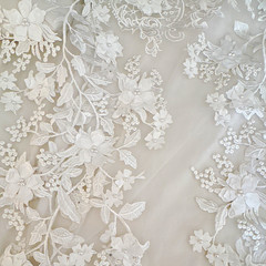 White Floral Lace Tulle Fabric 3D Beaded Embroidered, Wedding Suitable