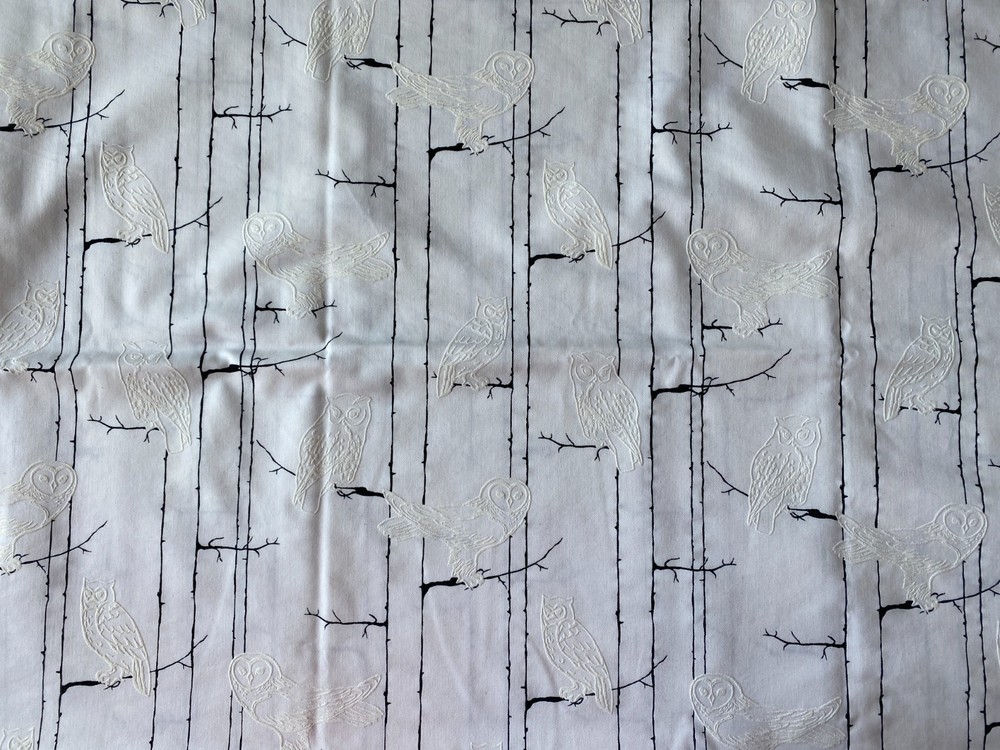 STARK WHITE BLACK OWL RELIEF FABRIC~Vintage~Tall Skinny Winter Tree Trunks~BRNCH