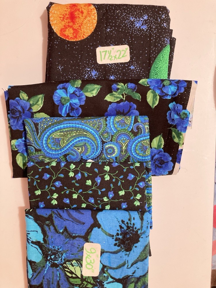 Lot of 5 Fabric Scraps Black & Blue Florals Planets Paisley Lot #43