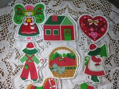Crafts Cotton Christmas Fabric Appliques, Ornaments Doubles x8 Singles x2 1980’s