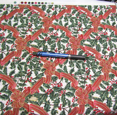Christmas Holiday Cotton Fabric Red Ribbons with Green Holly 42″ wide 40″ long