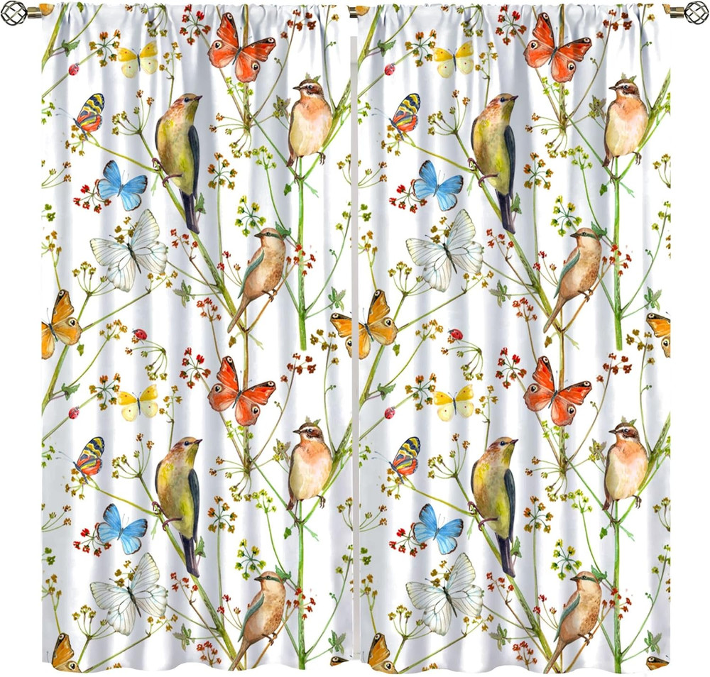 Spring Flowers Birds Curtains Watercolor Retro Patterns Colorful Butterfly Natur