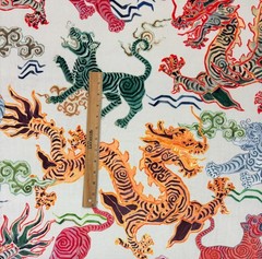 HAMILTON TIBETAN TIGER NATURAL DRAGONS PRINTED VELVET FABRIC BY THE YARD 54″W