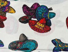 5 YDS Vintage Mexico Sombrero hat fabric multicolor on white background