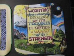 8 fabric pieces, Mary Engelbreit prints: 6.5″ x 6.5″