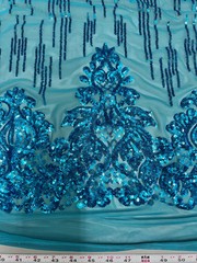 Angelica DARK TURQUOISE Curlicues and Leaves Sequins on Mesh Lace Fabric by the