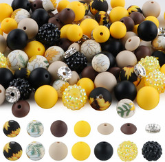 118Pcs Mixed Yellow Black Chocolate Acrylic Rhinestone Spacer Print Silicone Bea