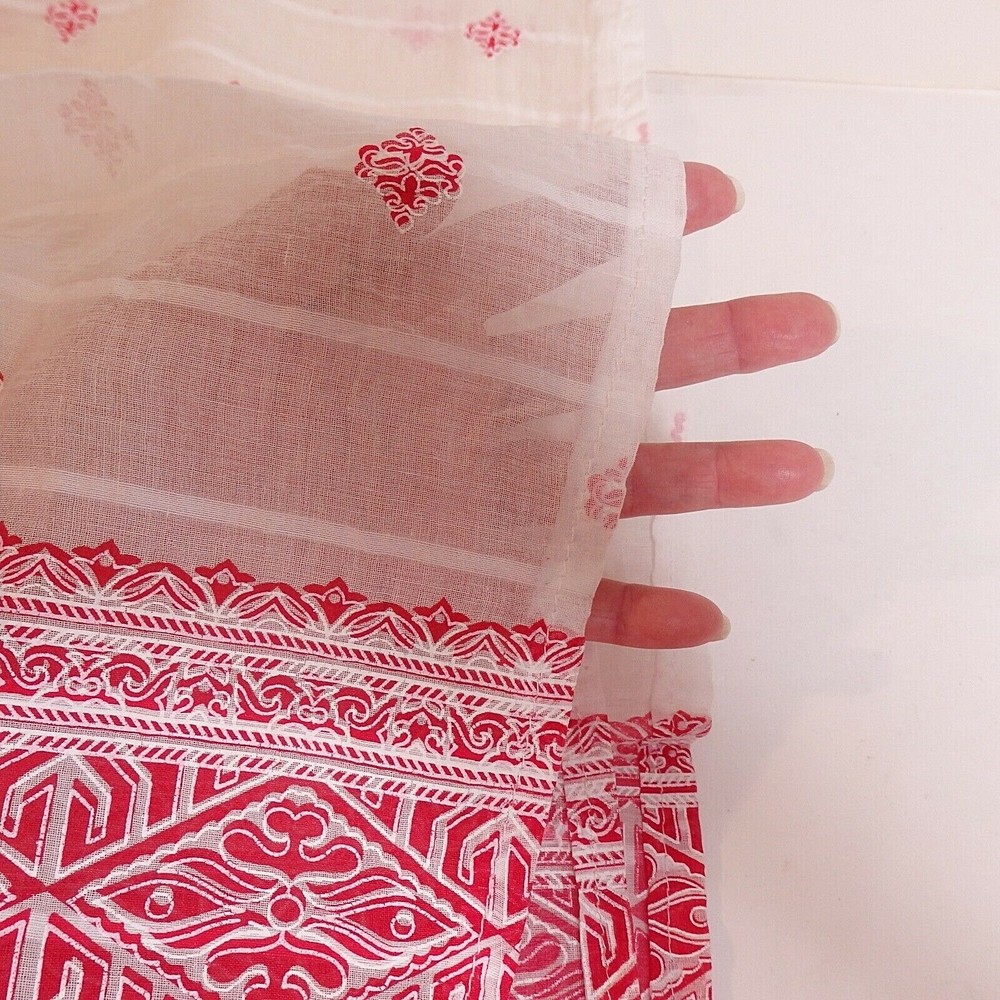Red & White Organza Sari Fabric Curtain Stamped Border VALENTINE 42″ x 94″