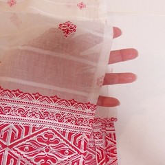 Red & White Organza Sari Fabric Curtain Stamped Border VALENTINE 42″ x 94″