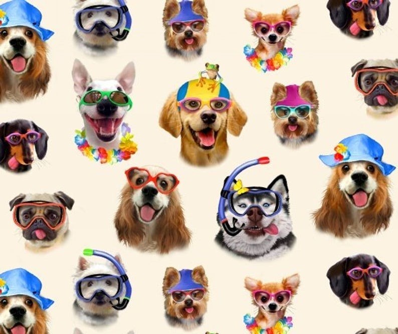 FUNNY FACES DOG SELFIES BEACH VACATION TAN 100% Cotton FABRIC ELIZABETH STUDIOS