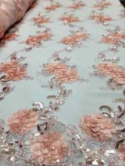 “Blush 3D Floral Lace Fabric with Sequins and Embroidered Double Scallops – Sold
