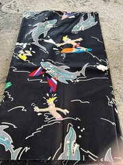 Alexander Henry Vintage Cotton Fabric 1 Yd Black Shark Surfer Print Quilting