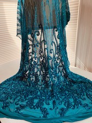 Angelica DARK TURQUOISE Curlicues and Leaves Sequins on Mesh Lace Fabric by the