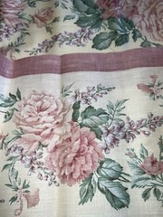 2 rolls ~150 total yds mauve cotton(?) 11″W floral border print fabric, +8 pcs