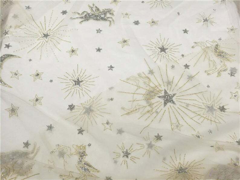 1YD Lace Fabric Illusion Star Moon Horse Silver Sequin Gold Glitter Tulle Fabric