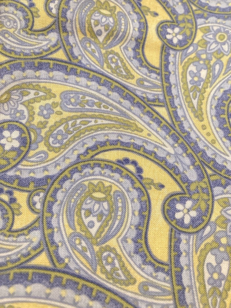 Large Print Paisleys Blue Sage on Pastel Yellow Cotton Fabric 2.1 Yards x 44″ W