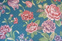 VINTAGE STANLEY KING Teal Blue Floral/ 100% Cotton/ Chrysanthemum Cottage Granny