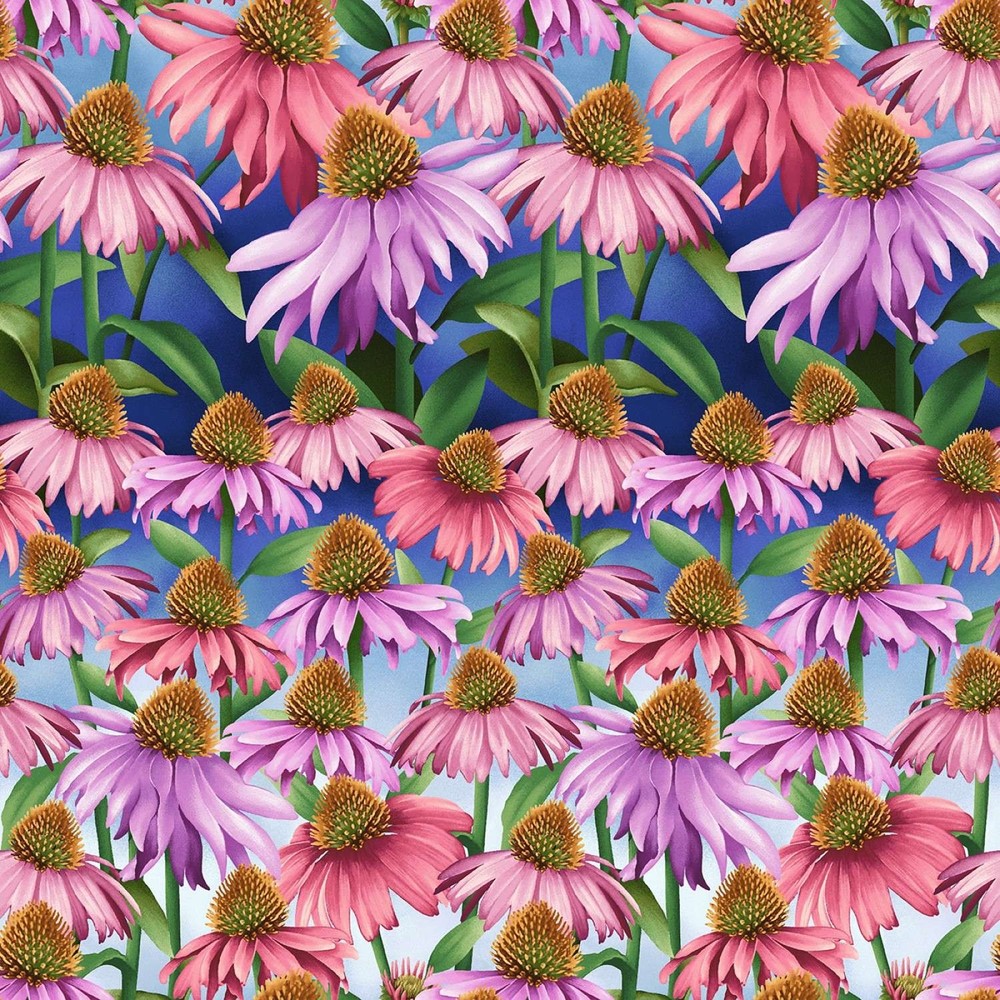 Henry Glass – Blissful Blooms – Echinacea – Blue, Fabric by the Yard