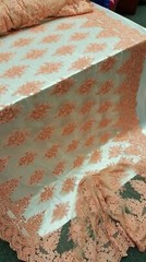 Coral Hand-Beaded Lace Fabric – Ideal for Prom Gowns, Quinceañera, and Bridal Dr