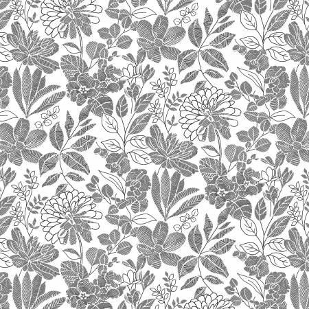 Black and White Floral 118″ fabric , 6912-09, Pen & Ink, extra wide fabric